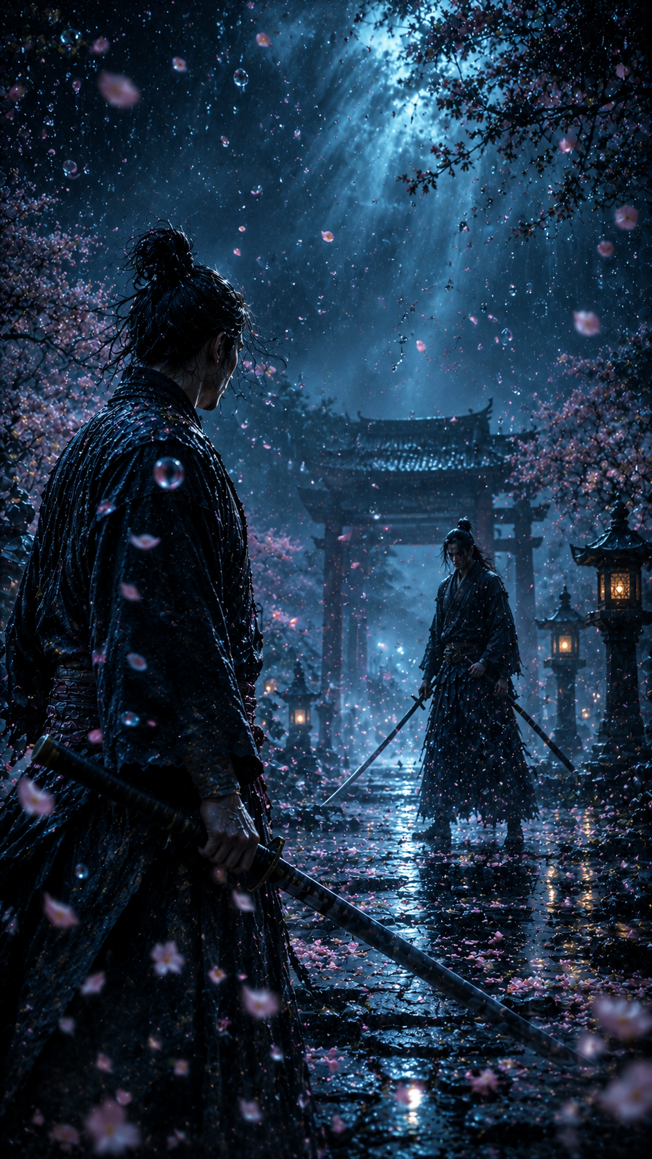 Samurai Facing Another Warrior under Cherry Blossoms