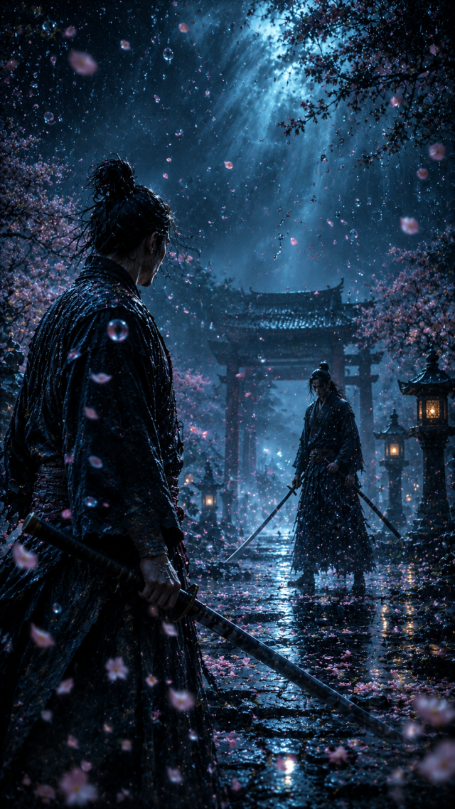 Samurai Facing Another Warrior under Cherry Blossoms