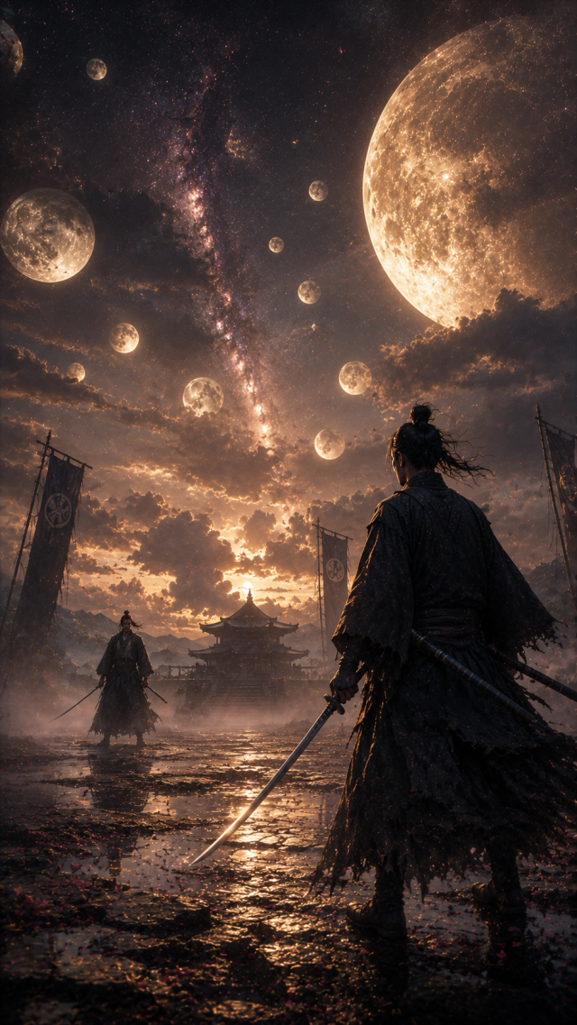 Samurai under Many Moons at Sunset