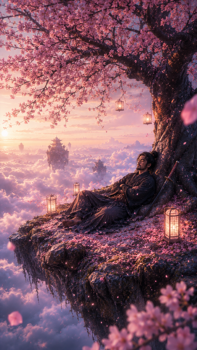 Samurai Resting Beneath Pink Blossom Tree