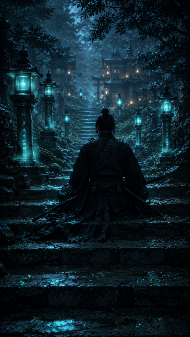 Samurai Seated On Teal Lantern Temple Steps