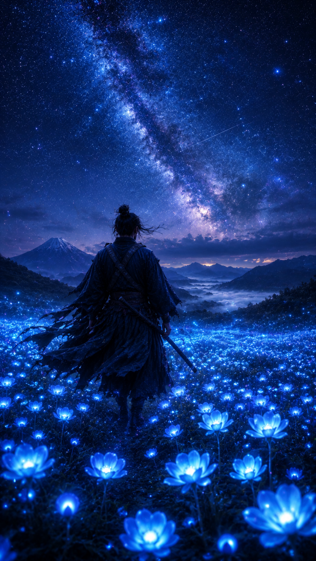 Samurai Crossing Blue Glowing Flower Field