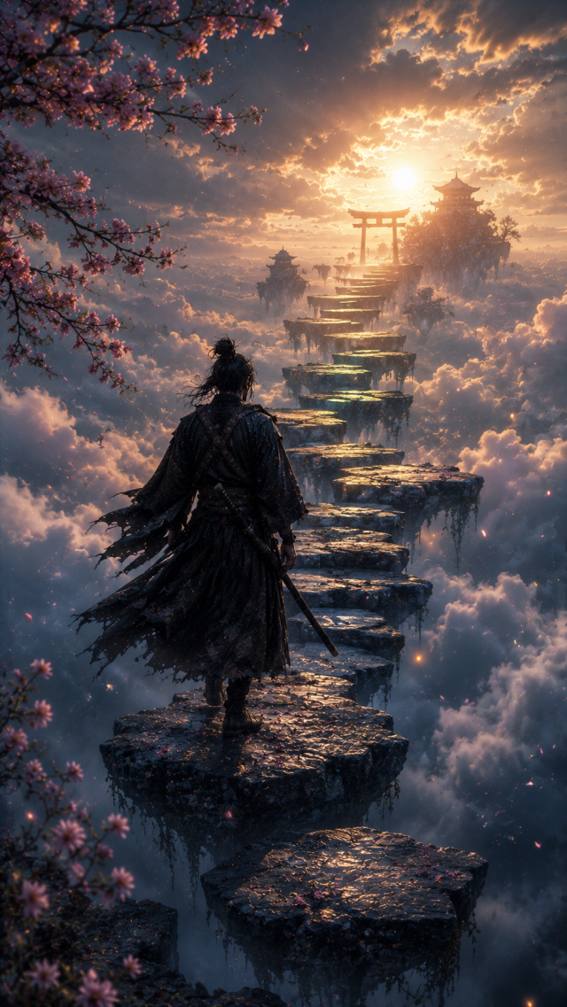 Samurai Climbing Cloud Stairway through Blossoms