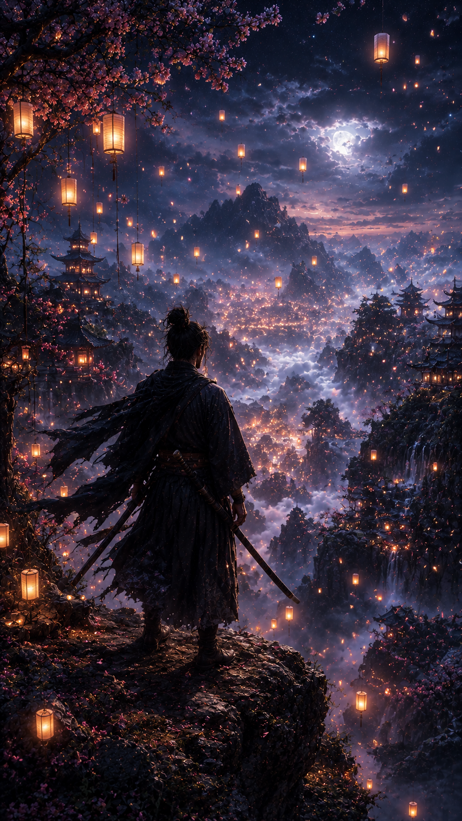 Samurai in Lantern Forest Overlooking Valley
