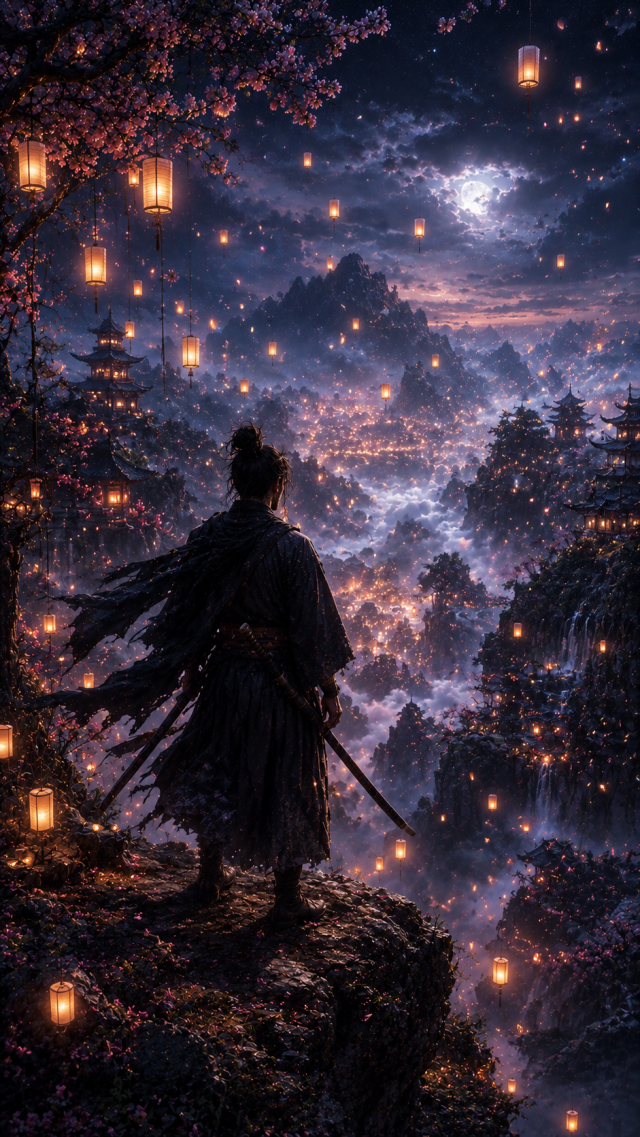 Samurai in Lantern Forest Overlooking Valley
