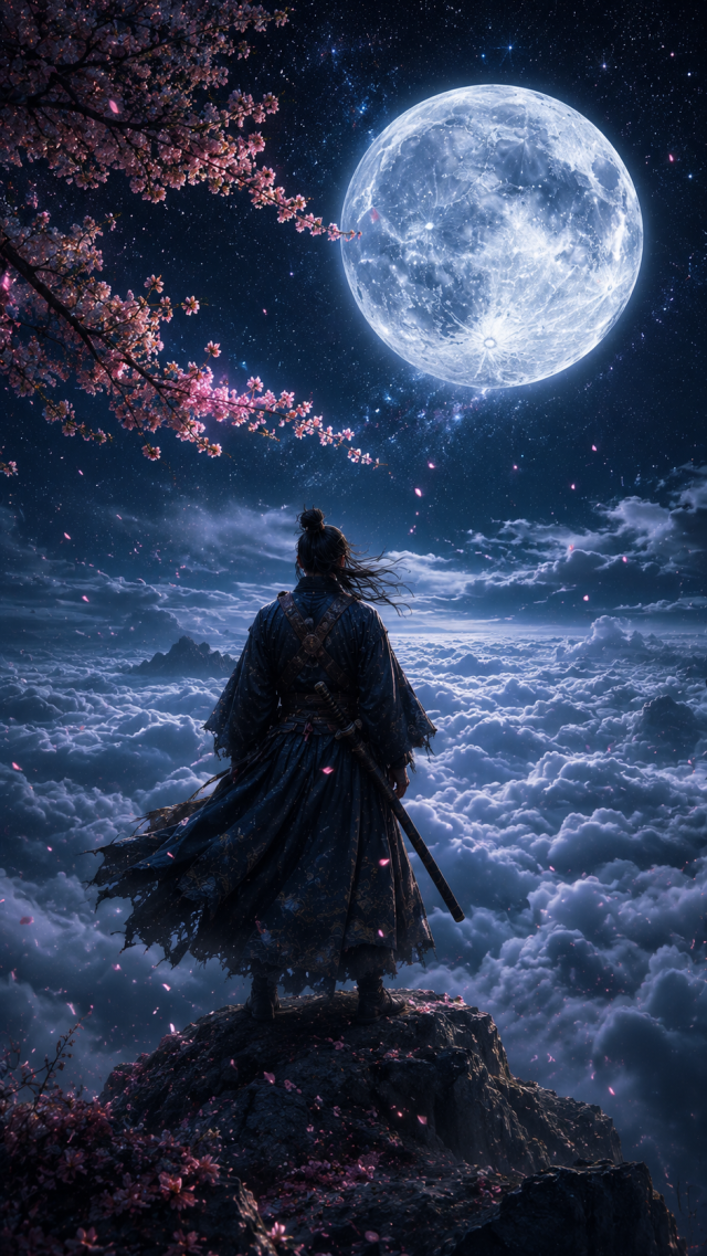 Samurai above Clouds Beneath Full Moon