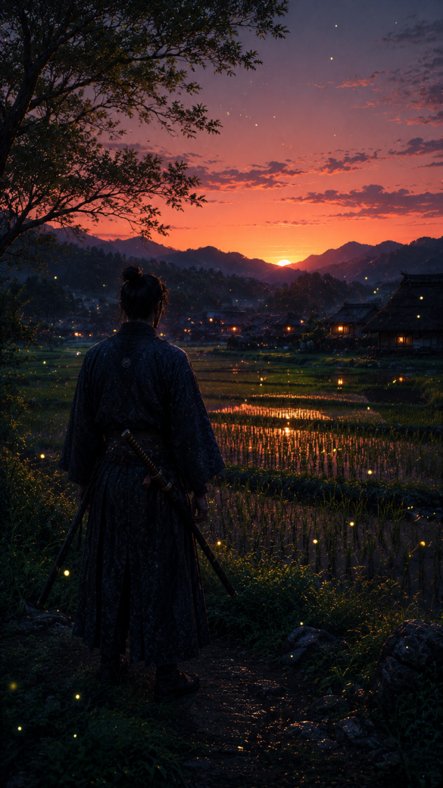 Samurai Overlooking Rice Fields at Dusk