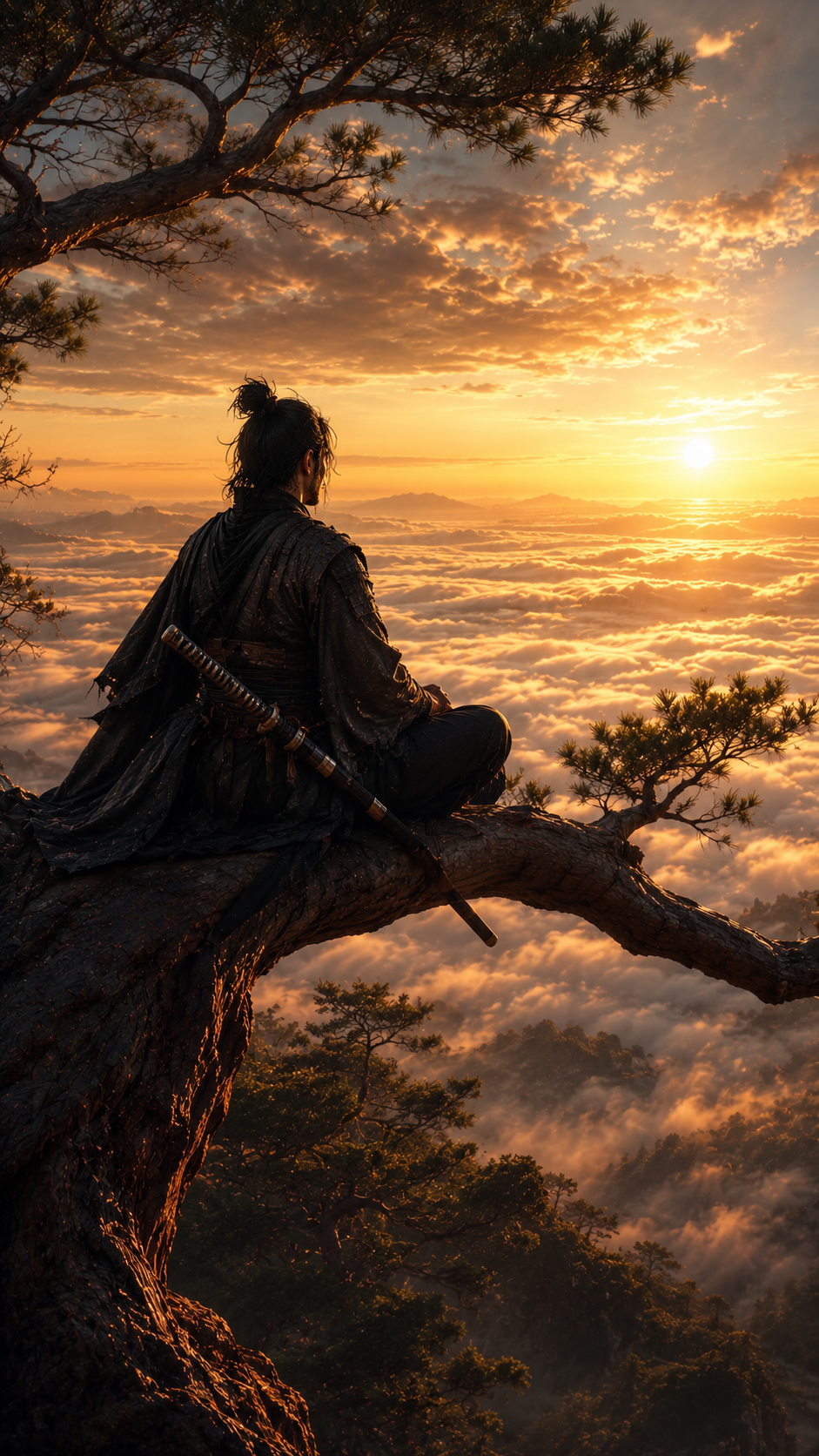 Samurai Sitting On Sunset Tree Branch