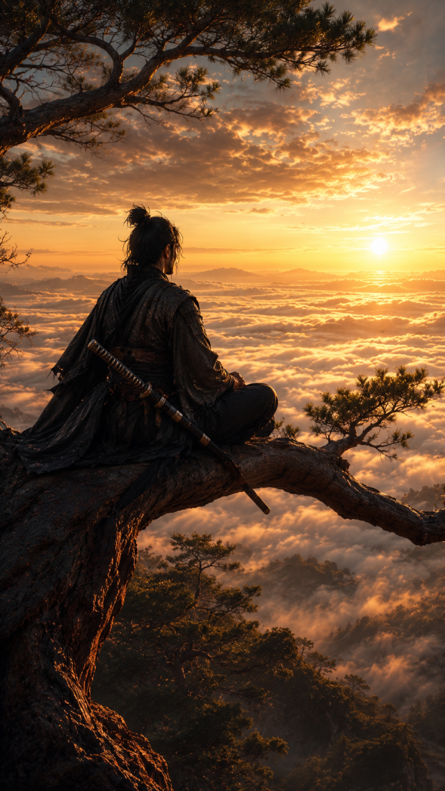 Samurai Sitting On Sunset Tree Branch