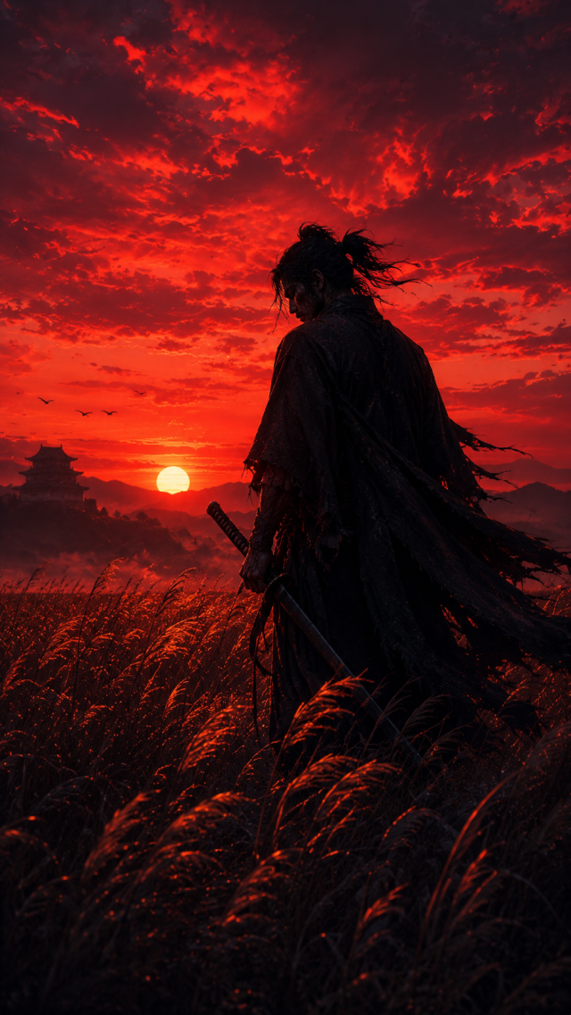 Samurai Silhouette in Red Sunset Grass