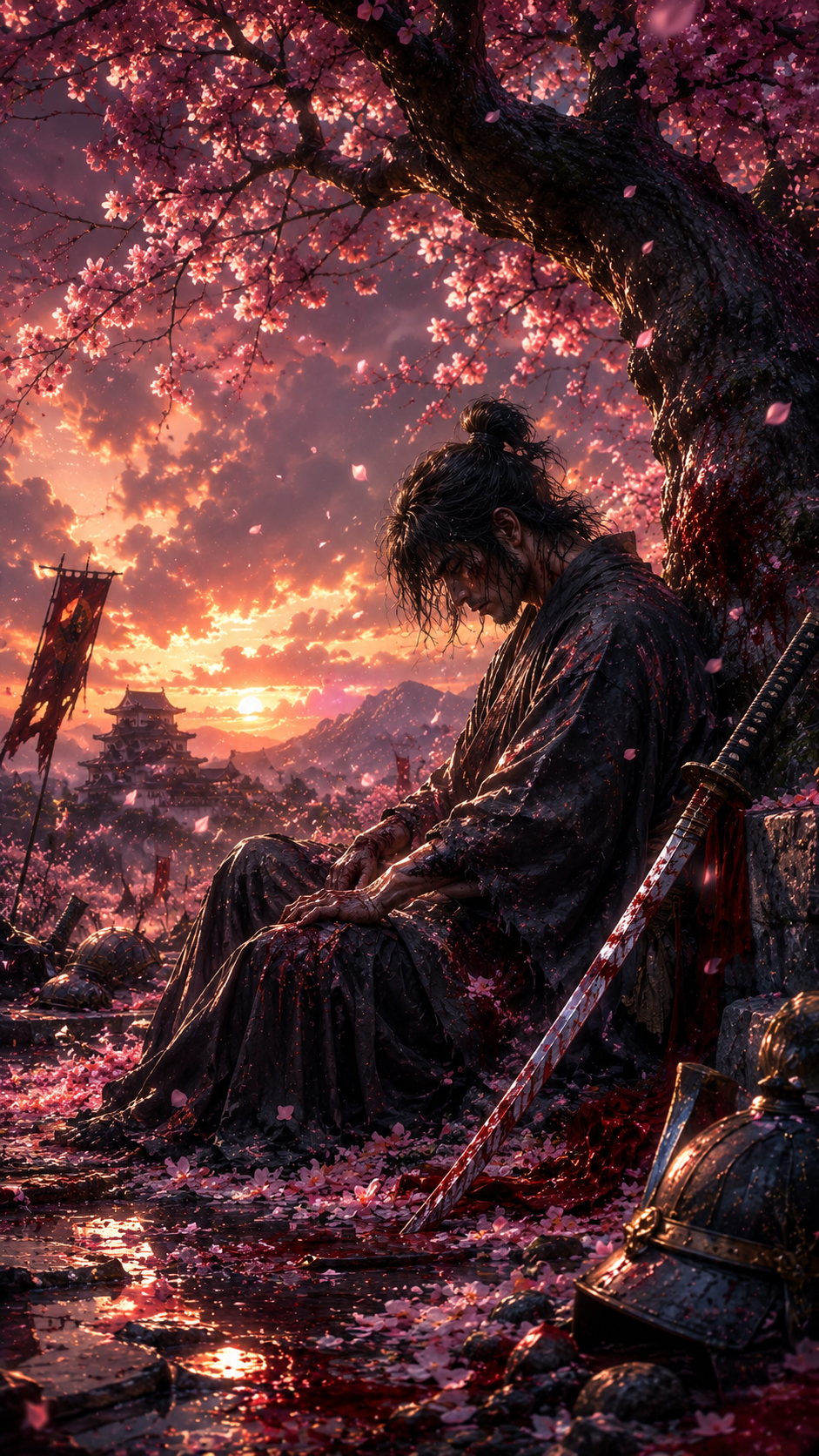 Samurai Resting under Cherry Tree at Sunset