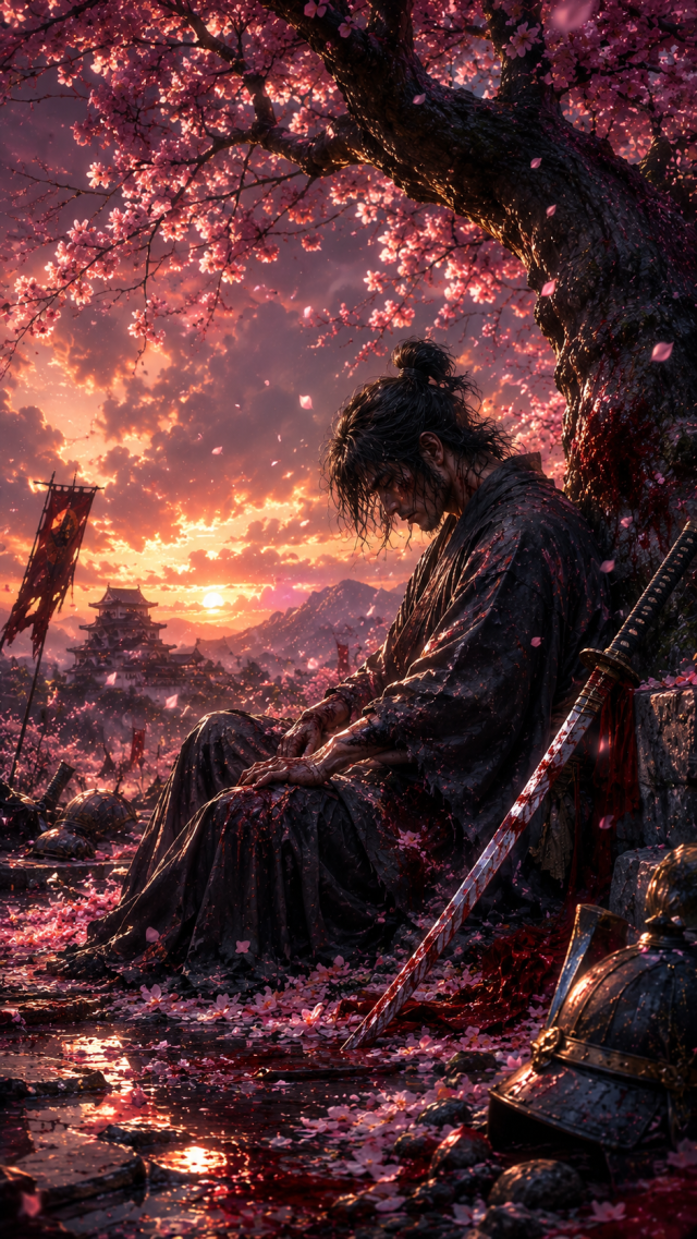 Samurai Resting under Cherry Tree at Sunset