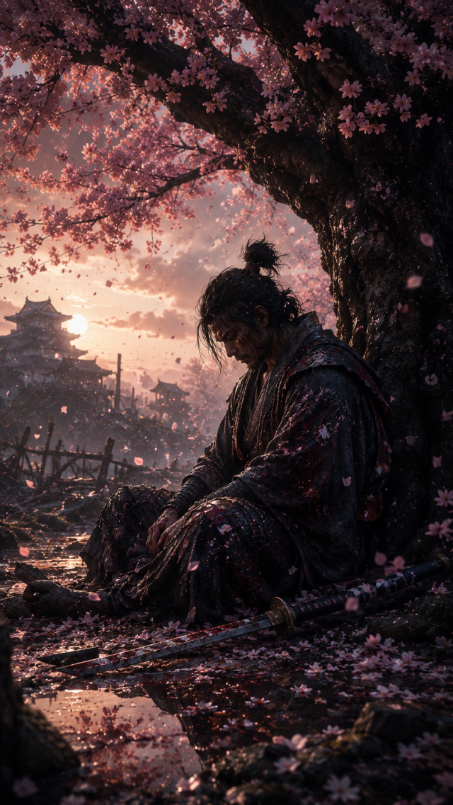 Samurai Sitting under Blossoms Beside Stream
