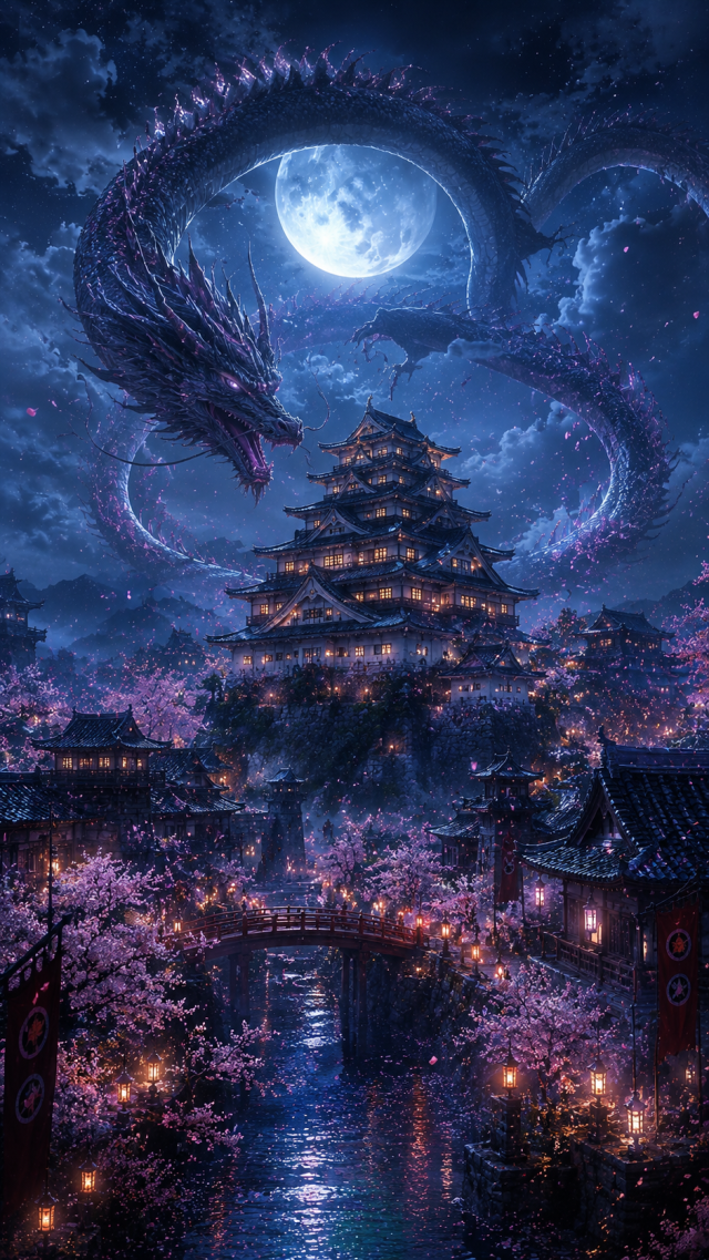 Dragon above Moonlit Temple and Cherry Trees