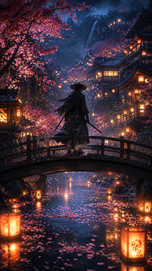 Samurai On Lantern Bridge in Cherry Village