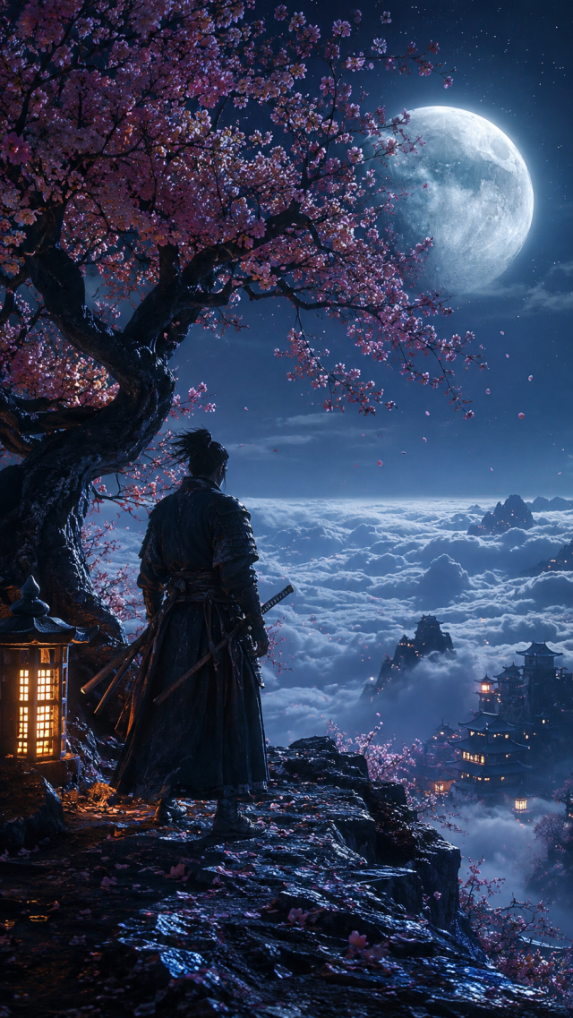 Samurai Beneath Cherry Tree and Giant Moon
