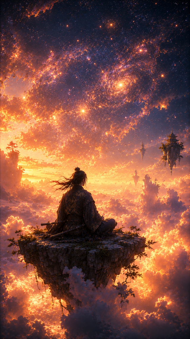 Samurai Meditating On A Floating Cloud Island