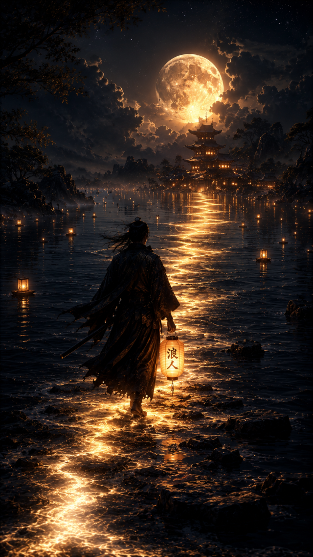 Samurai Walking Moonlit Water with Lantern