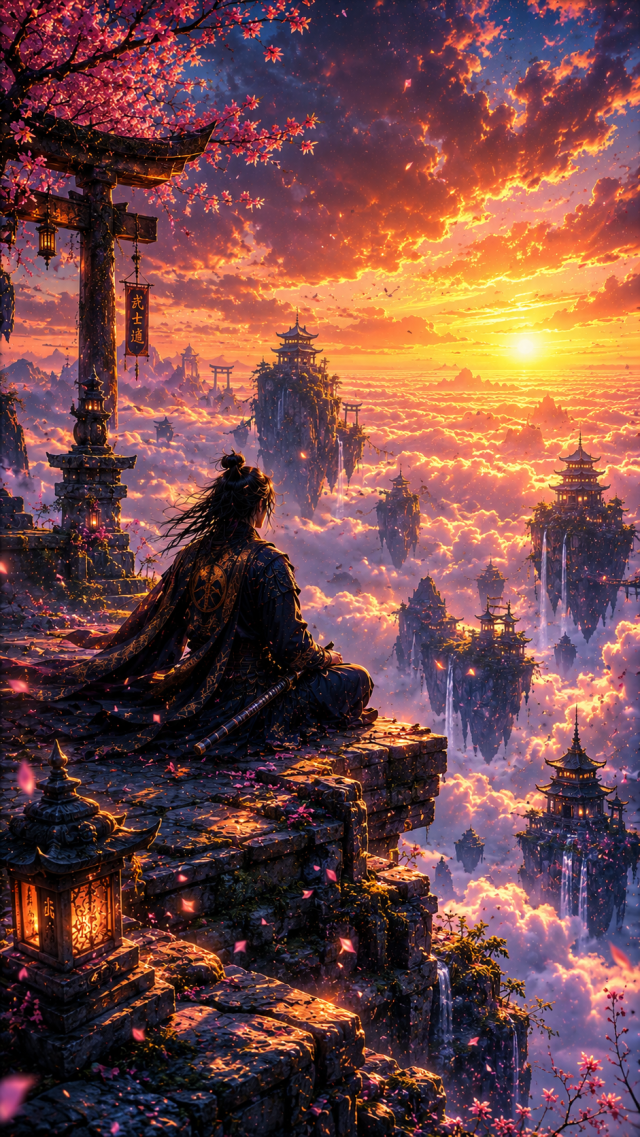 Samurai Seated above Floating Islands at Sunset