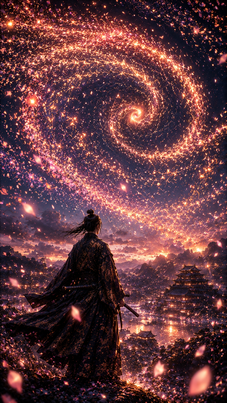 Samurai Beneath Spiral Galaxy of Petals