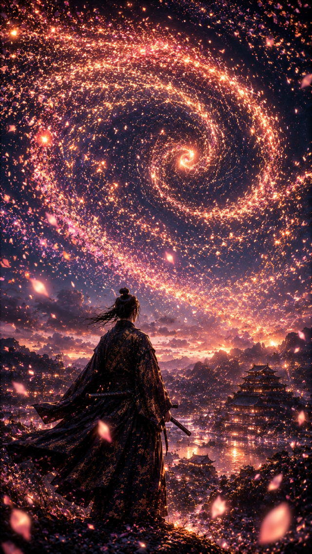 Samurai Beneath Spiral Galaxy of Petals
