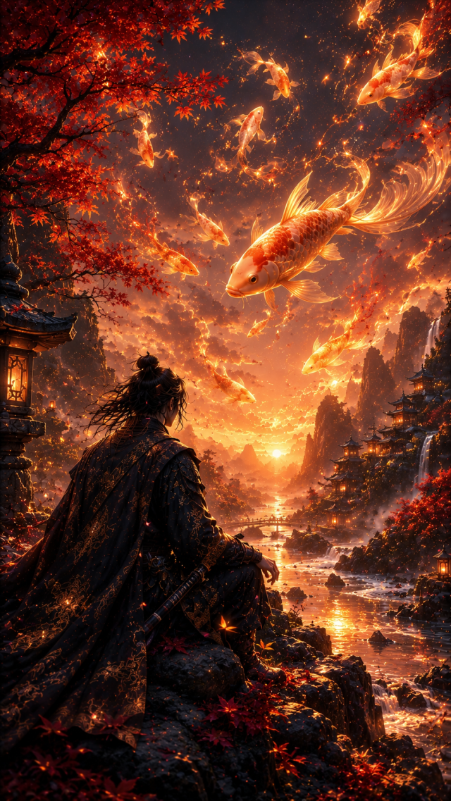 Samurai Facing Golden Dragon at Sunset