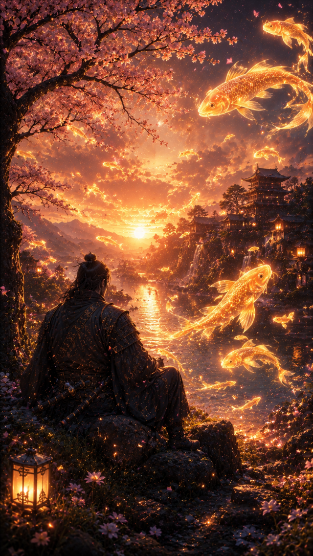 Samurai with Golden Koi Spirits at Sunset