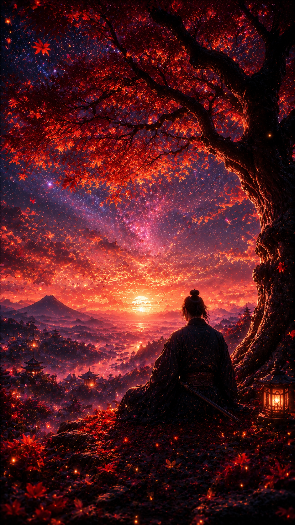 Samurai Beneath Red Maple Galaxy Sky