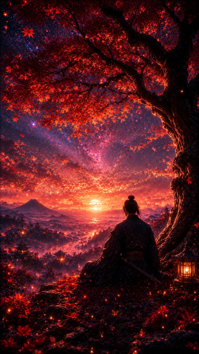Samurai Beneath Red Maple Galaxy Sky