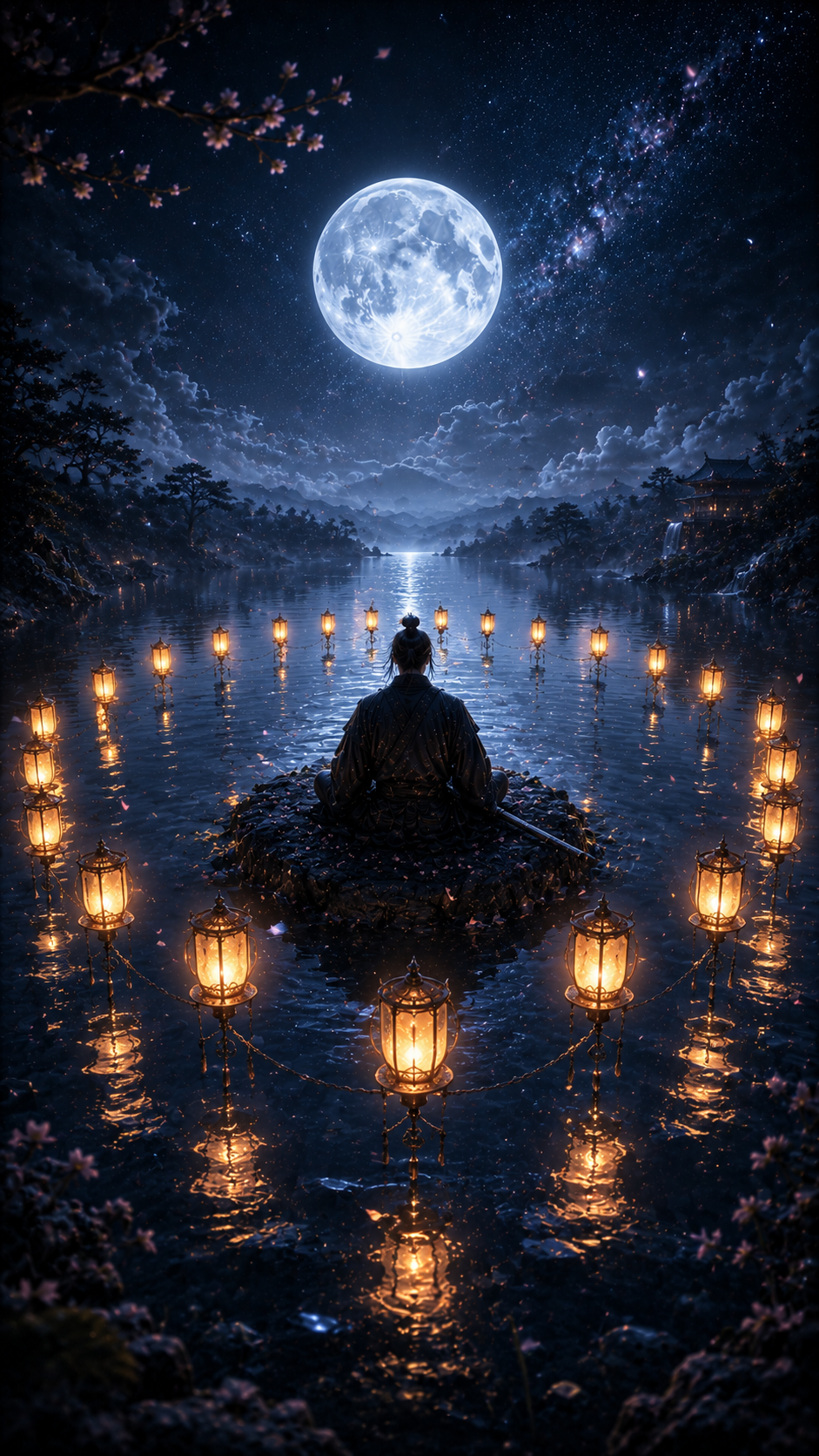 Samurai Meditating among Moonlit Lanterns