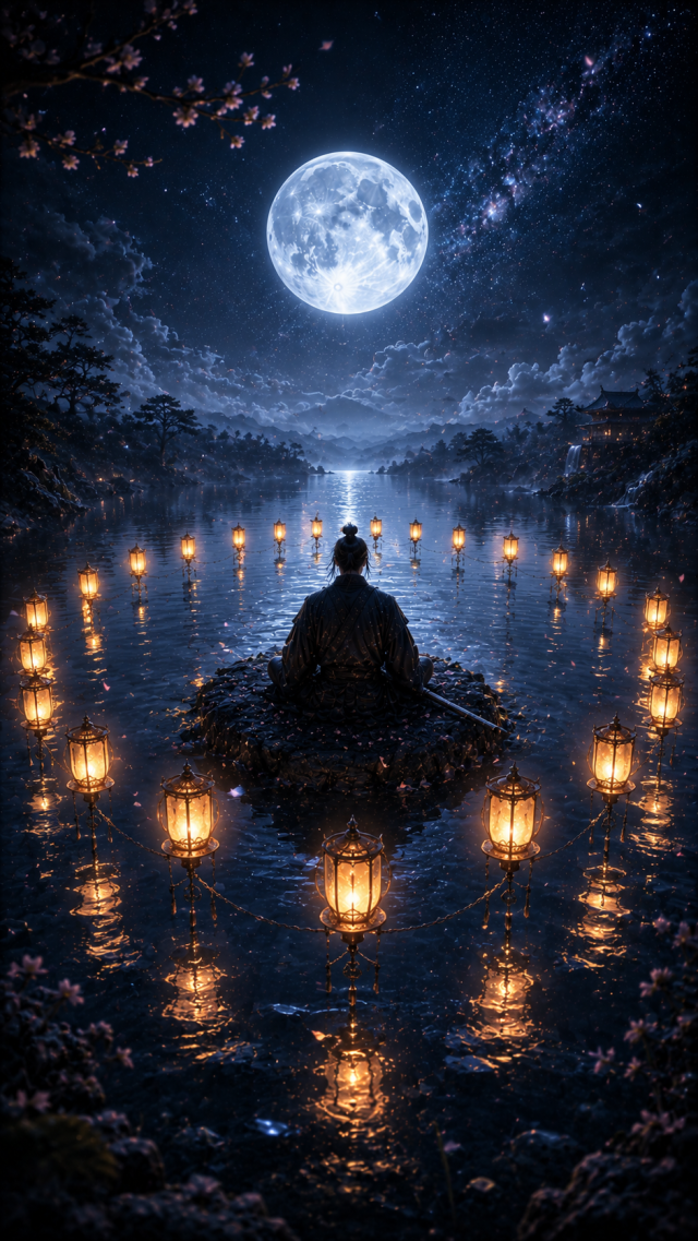 Samurai Meditating among Moonlit Lanterns
