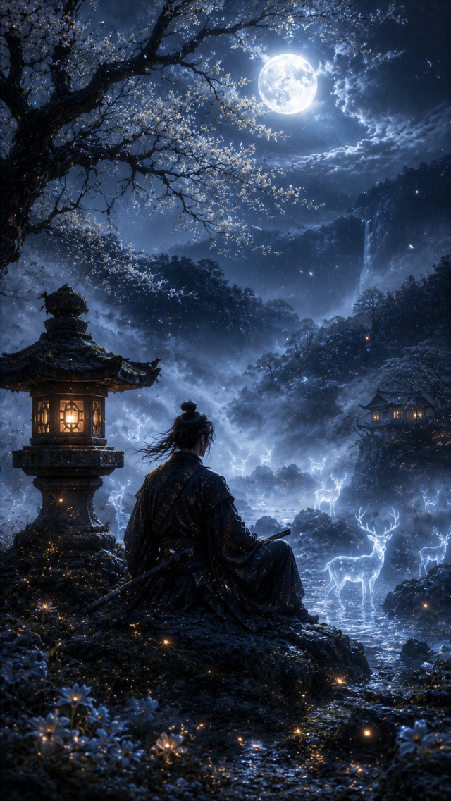 Samurai Beside Moonlit Garden Stream