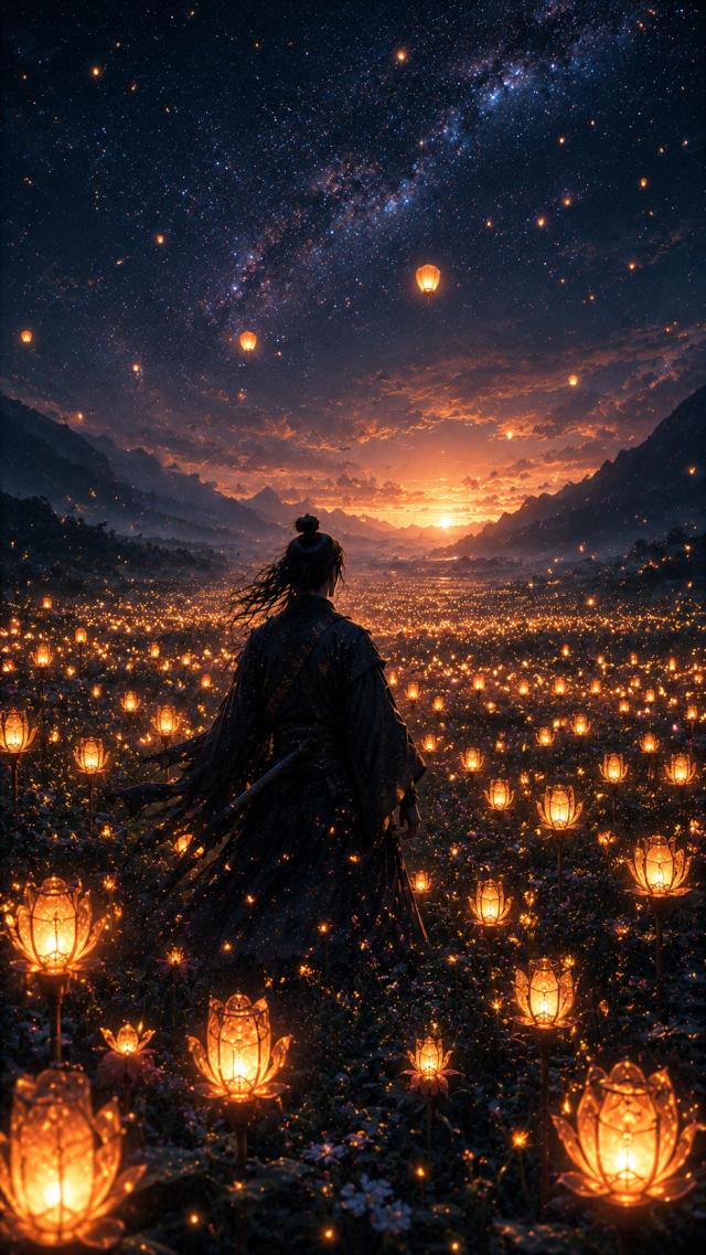 Samurai in Field of Floating Sky Lanterns