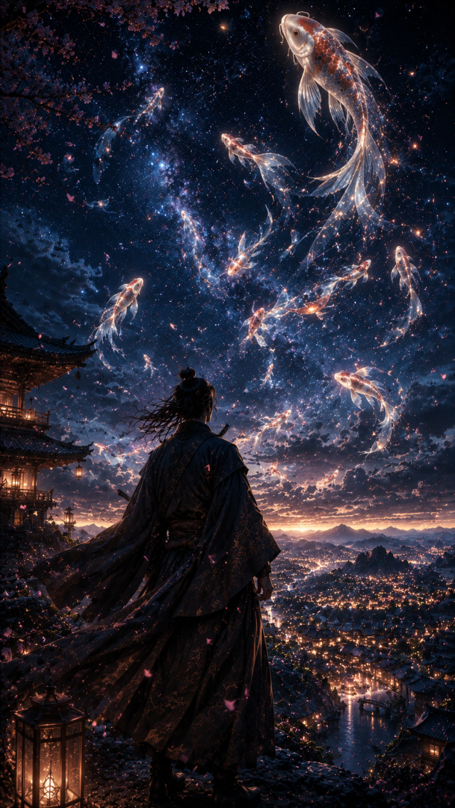 Samurai under Silver Cosmic Koi Sky