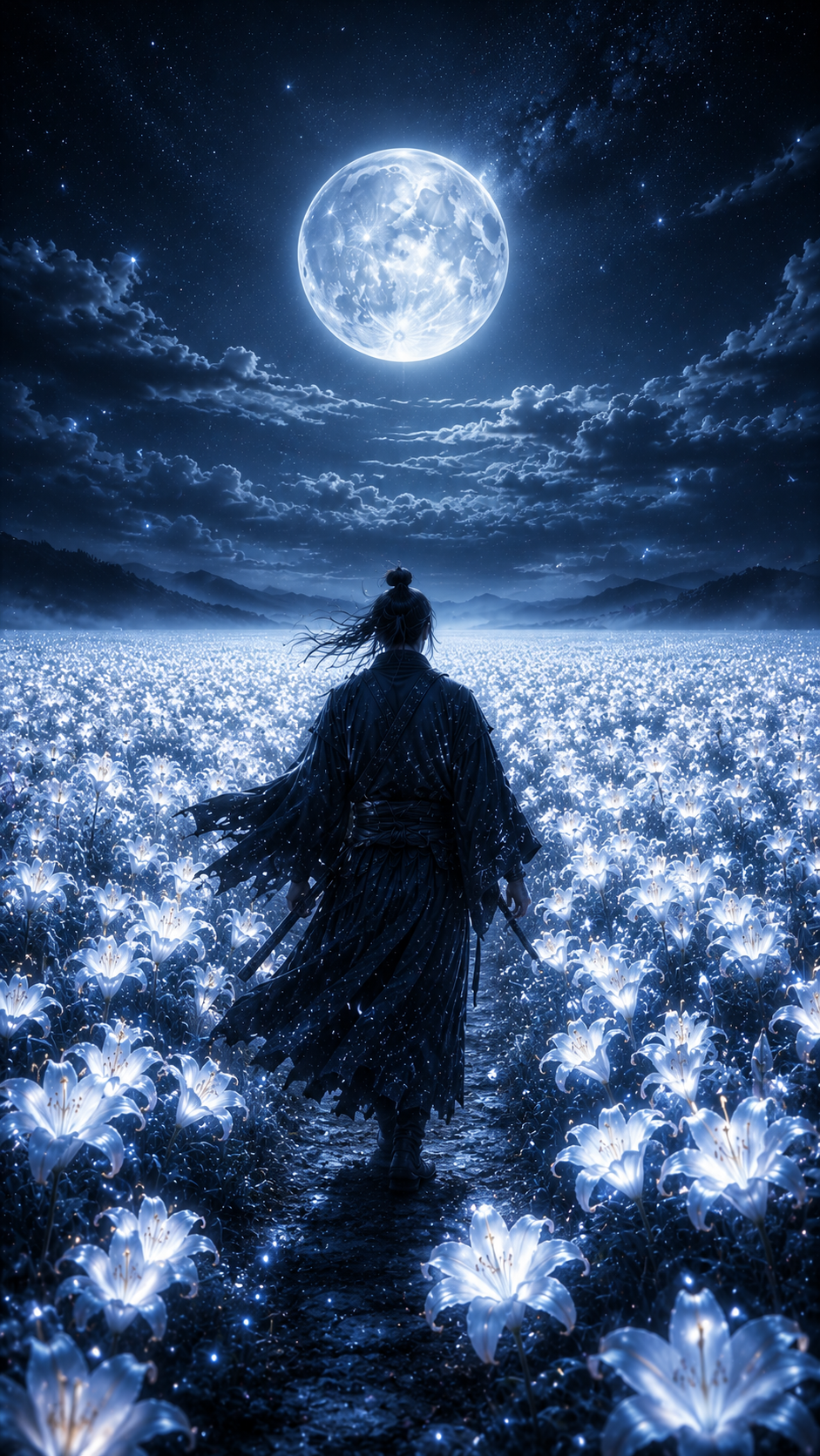 Samurai Crossing Glowing White Flowers under Moon