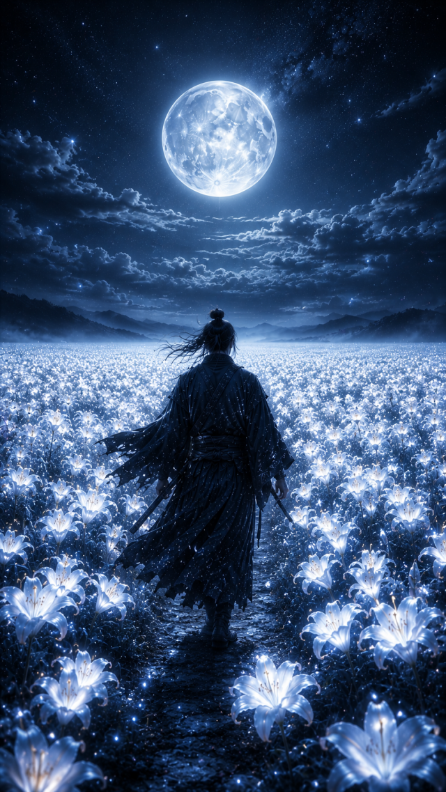 Samurai Crossing Glowing White Flowers under Moon