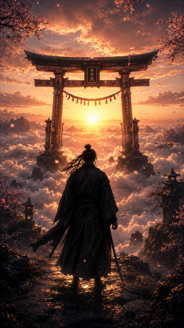 Samurai under Torii Gate above Clouds