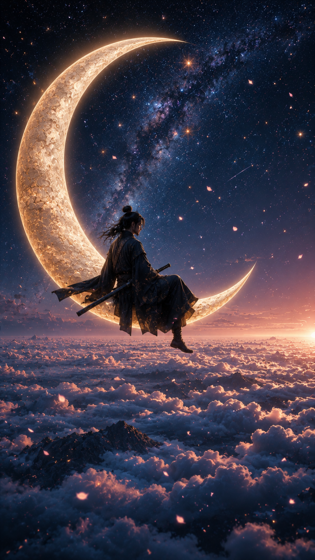 Samurai Sitting On Crescent Moon over Clouds