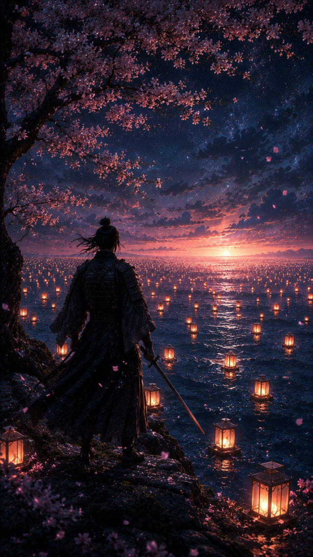 Samurai under Cherry Blossoms by Lantern Sea