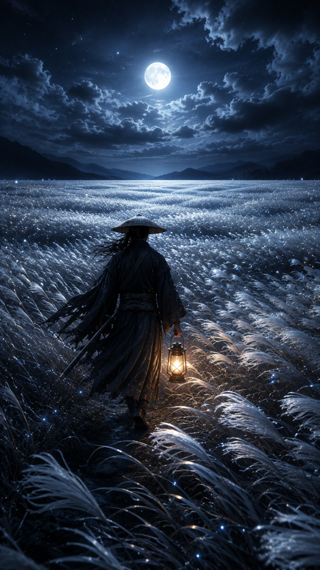 Samurai Walking Moonlit Silver Grass