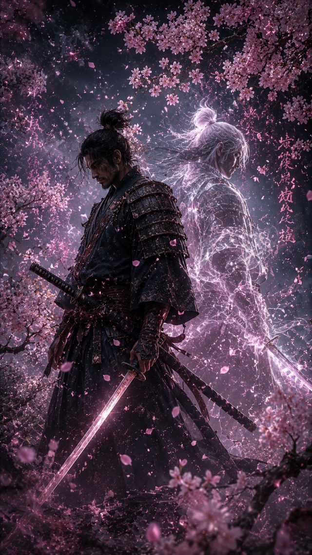 Samurai with Pink Spirit Guardian in Blossoms