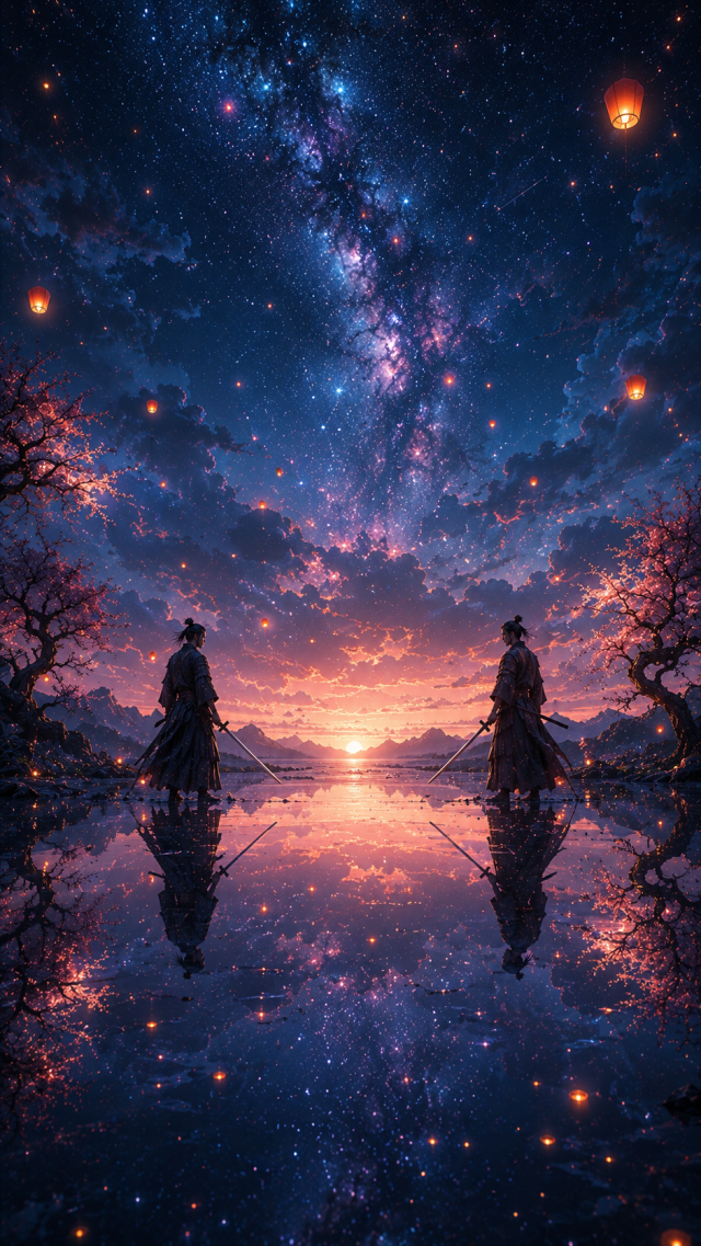 Two Samurai Mirrored under Starry Sunset