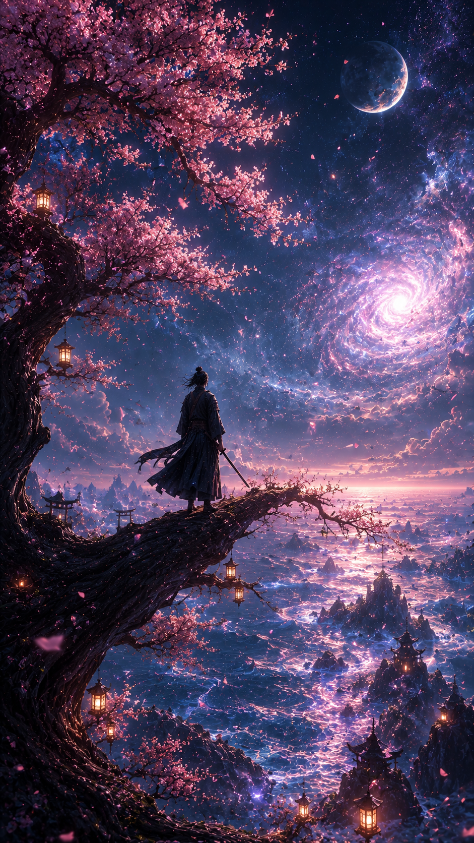 Samurai On Branch Beneath Crescent and Galaxy