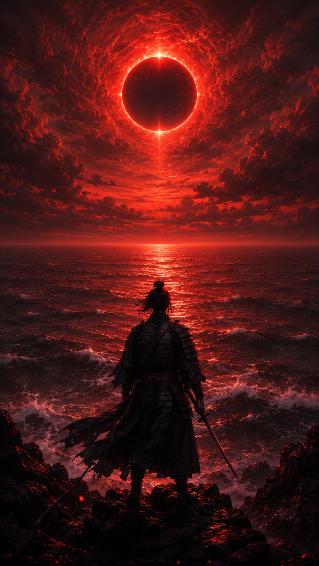 Samurai Before Red Eclipse over Ocean