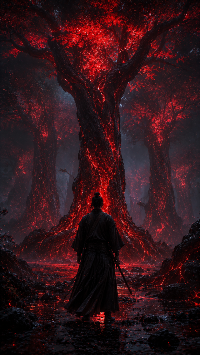 Samurai Beneath Red Glowing Forest Tree