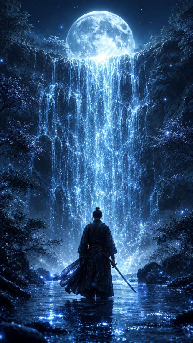 Samurai Facing Waterfall Beneath Full Moon