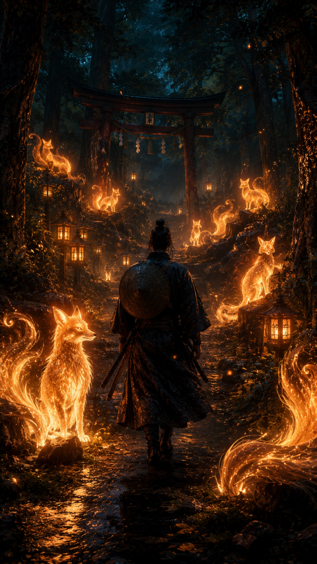 Samurai at Fiery Torii Shrine