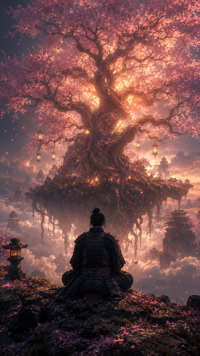 Samurai Meditating under Floating Cherry Tree