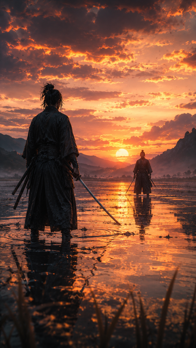 Samurai and Reflection at Orange Sunset Lake
