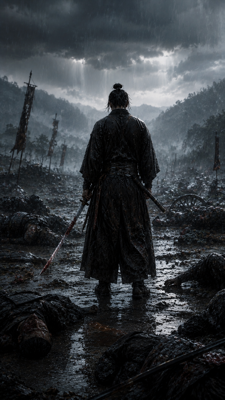 Samurai in Black and White Battlefield Rain
